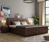 ONIJA Furniture Solid Sheesham Wood King Size Bed with Drawer Storage Wooden Double Bed Palang Bed for Bedroom Living Room Furniture - WALNUT FINISH